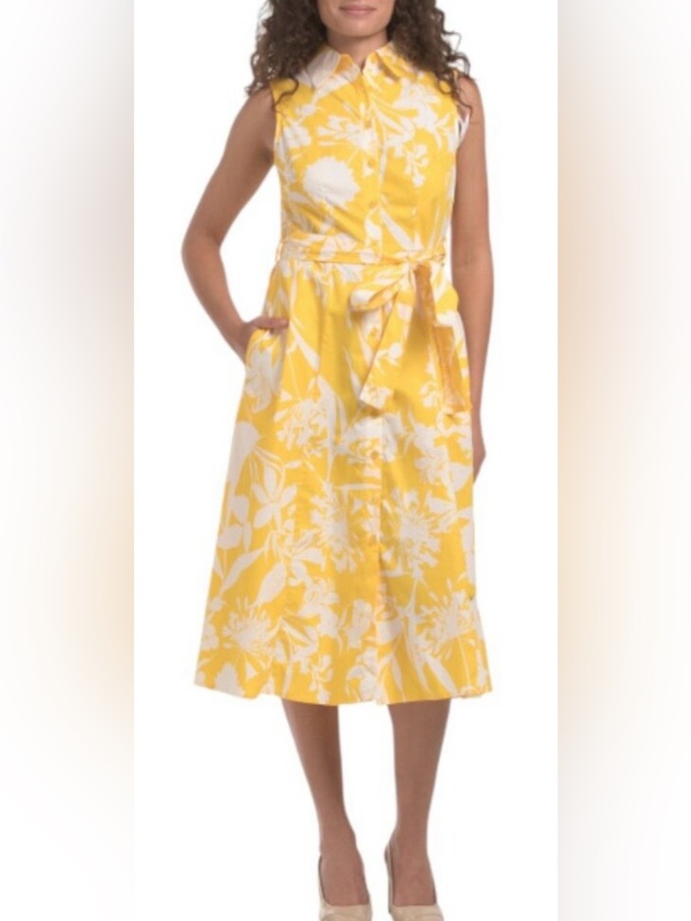 NWT Calvin Klein Yellow and White Floral Collared Tie-Waist Midi Dress Size 10